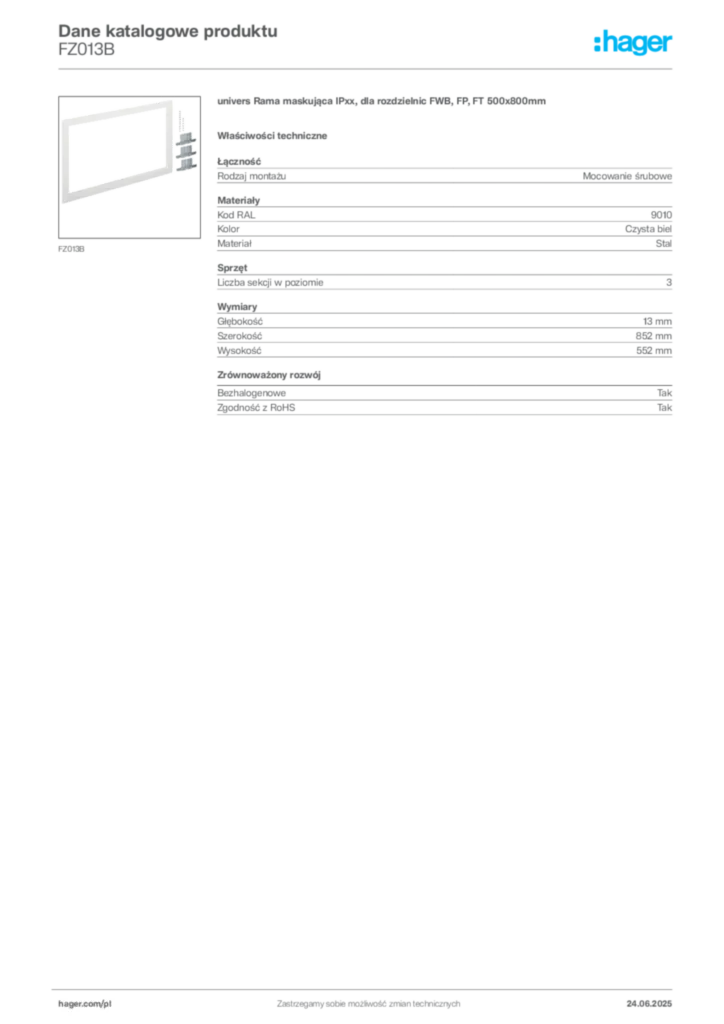 Zdjęcie Hager Karta katalogowa FZ013B | Hager Polska