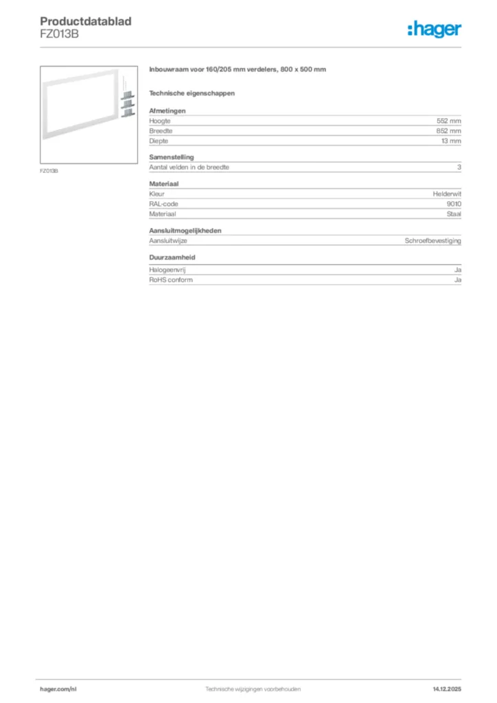 Afbeelding Hager Productdatablad FZ013B | Hager Nederland
