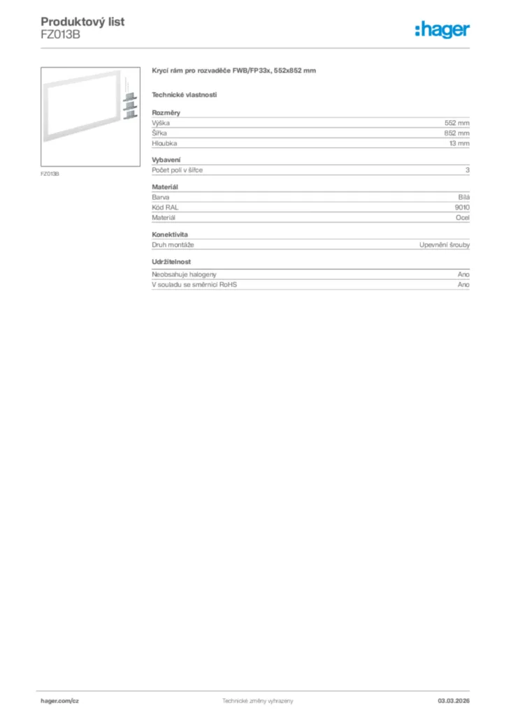 Obrázek Hager Product data sheet FZ013B | Hager