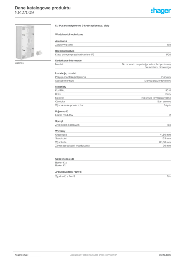 Zdjęcie Hager Karta katalogowa 10427009 | Hager Polska