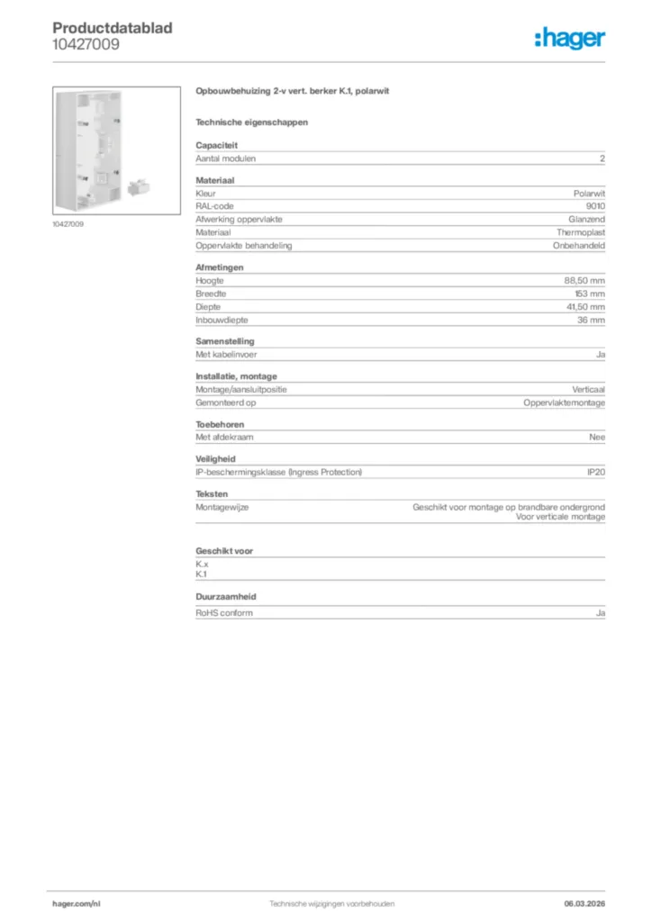 Afbeelding Hager Productdatablad 10427009 | Hager Nederland