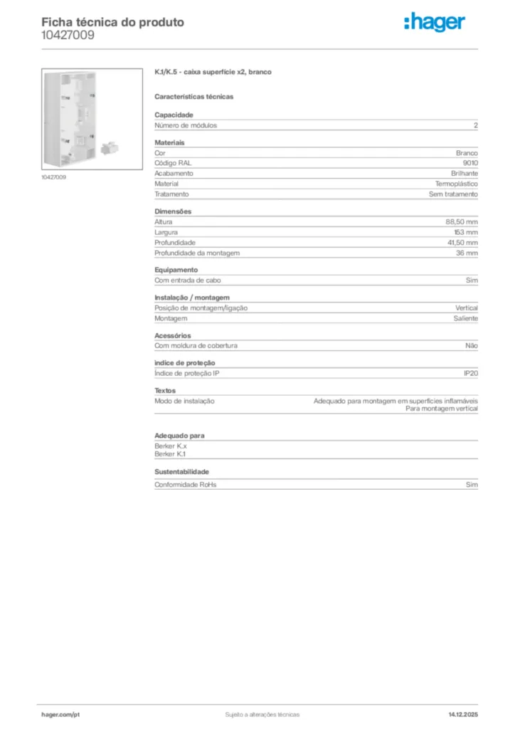 Imagem Hager Ficha técnica do produto 10427009 | Hager Portugal