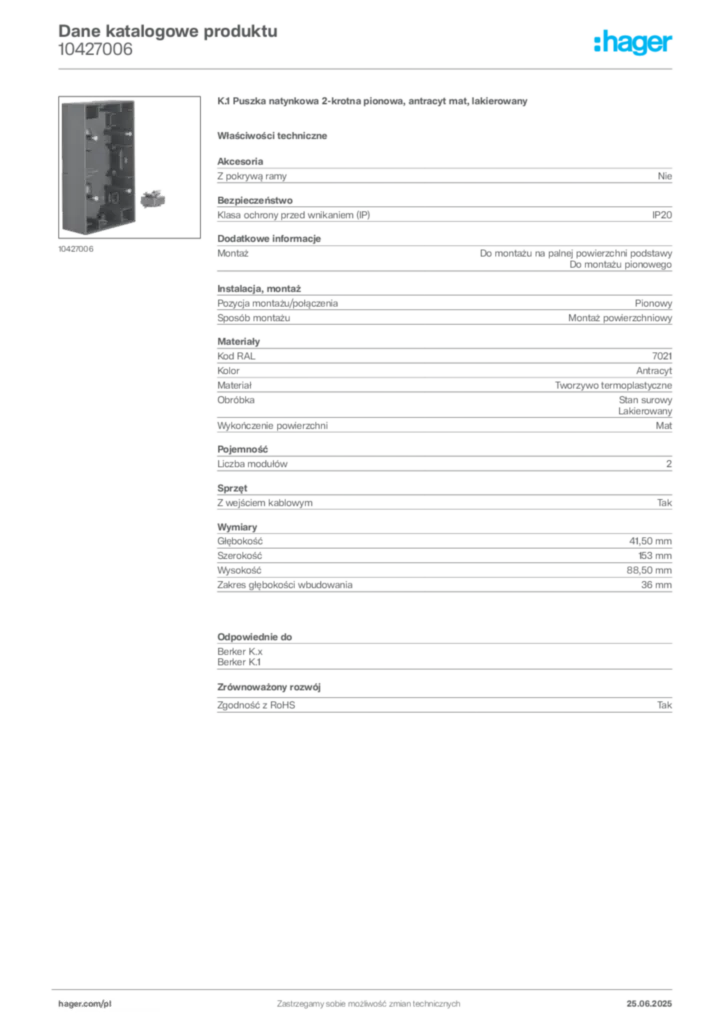 Zdjęcie Hager Karta katalogowa 10427006 | Hager Polska