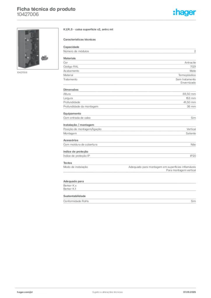 Imagem Hager Ficha técnica do produto 10427006 | Hager Portugal