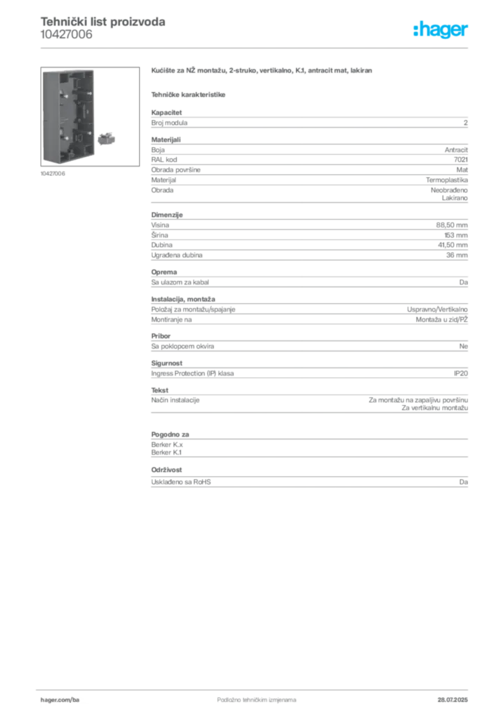 Slika Hager Product data sheet 10427006  | Hager