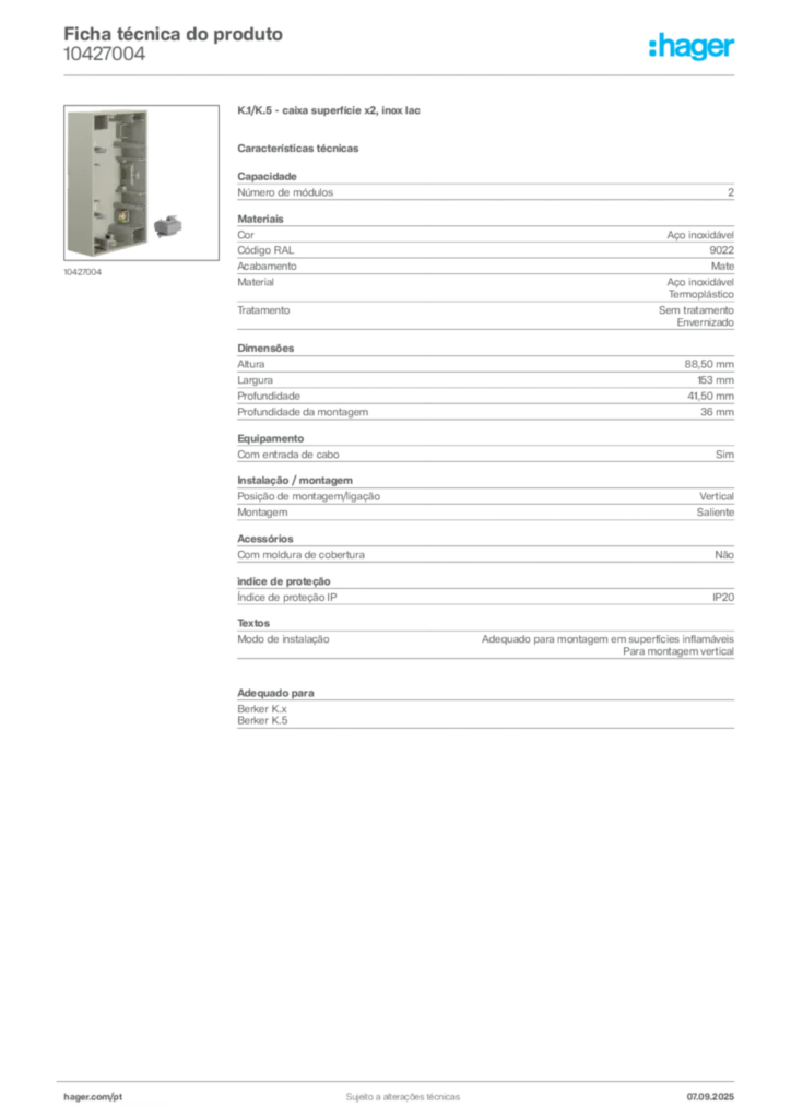 Imagem Hager Ficha técnica do produto 10427004 | Hager Portugal