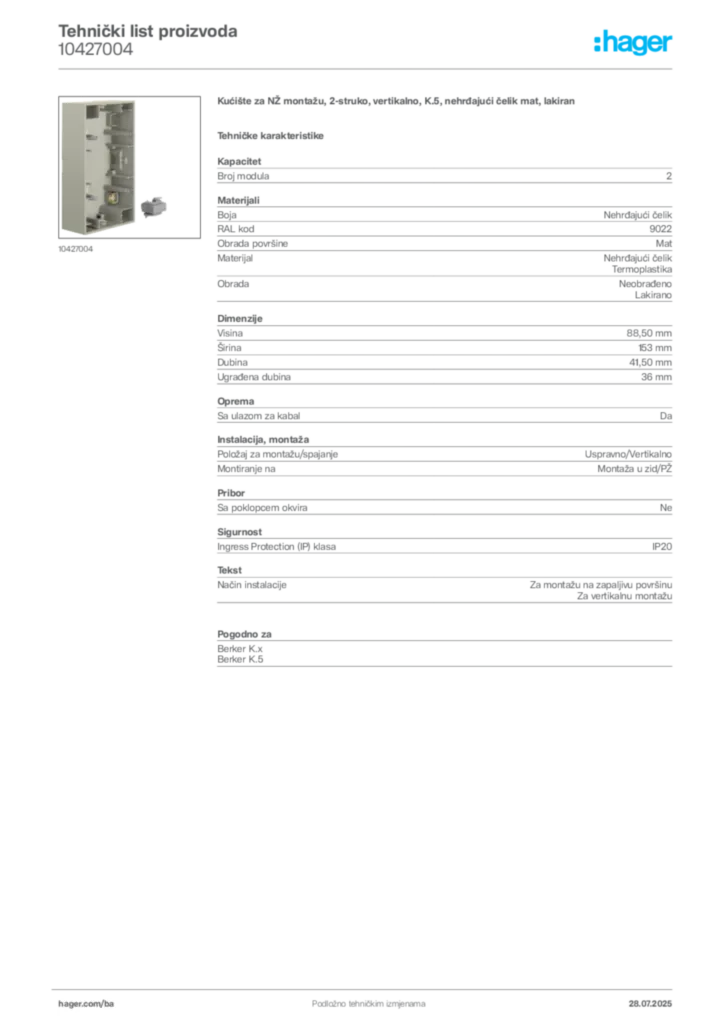 Slika Hager Product data sheet 10427004  | Hager