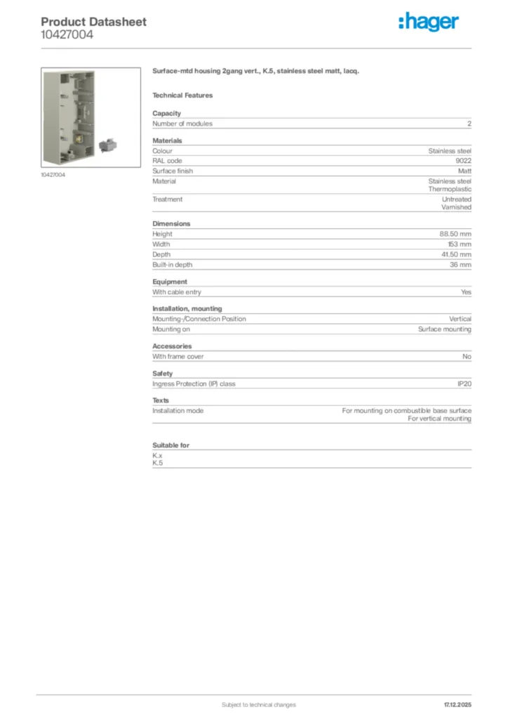 Image Hager Product data sheet 10427004  | Hager