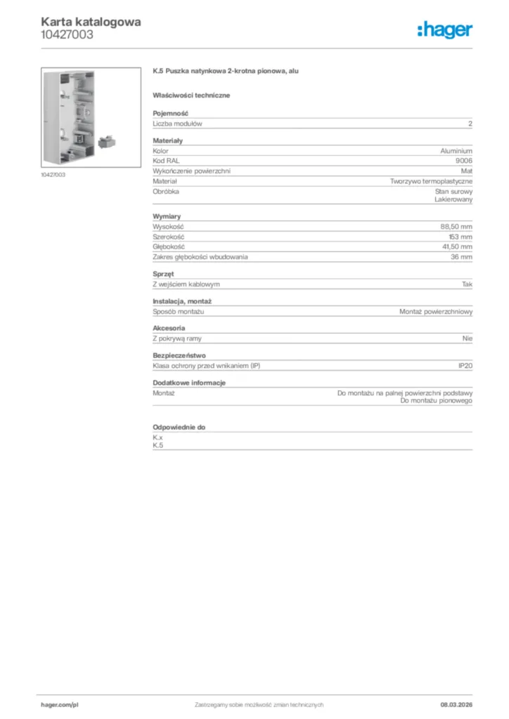 Zdjęcie Hager Karta katalogowa 10427003 | Hager Polska