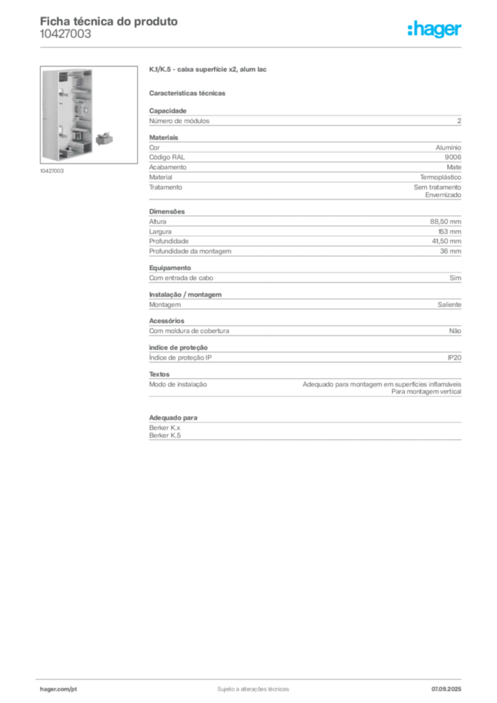 Imagem Hager Ficha técnica do produto 10427003 | Hager Portugal