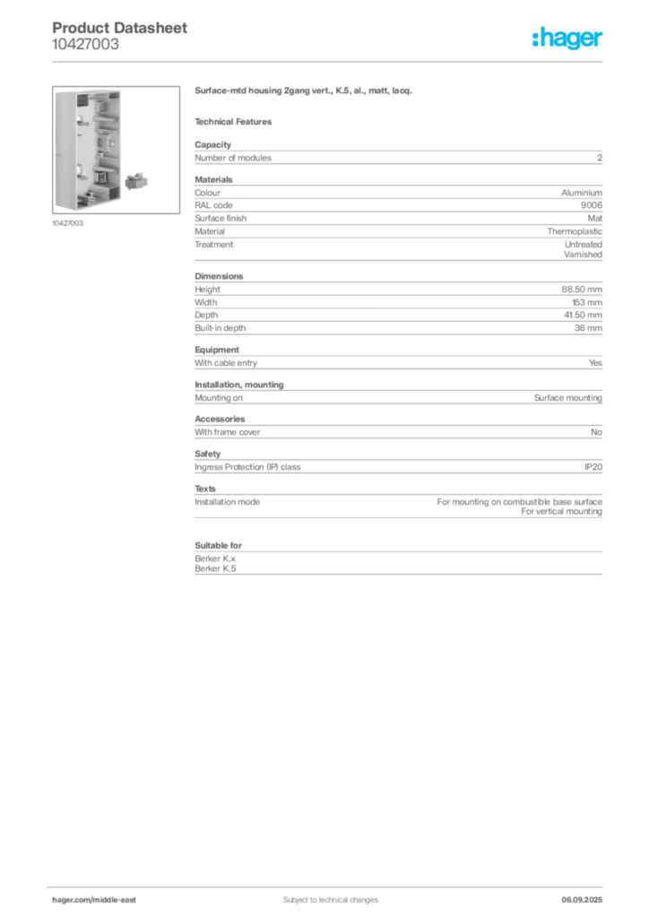 Image Hager Product data sheet 10427003  | Hager