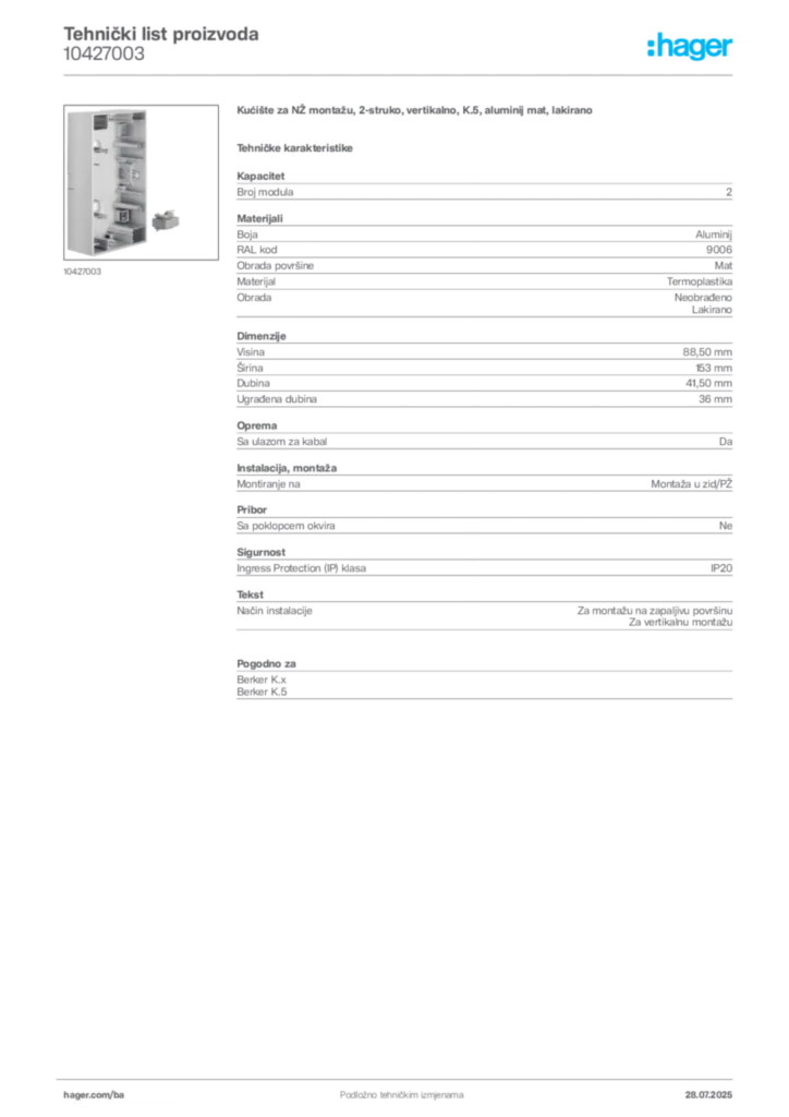 Slika Hager Product data sheet 10427003  | Hager