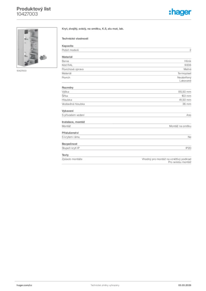 Obrázek Hager Product data sheet 10427003 | Hager