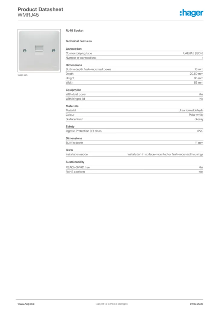 Image Hager Product data sheet WMRJ45  | Hager