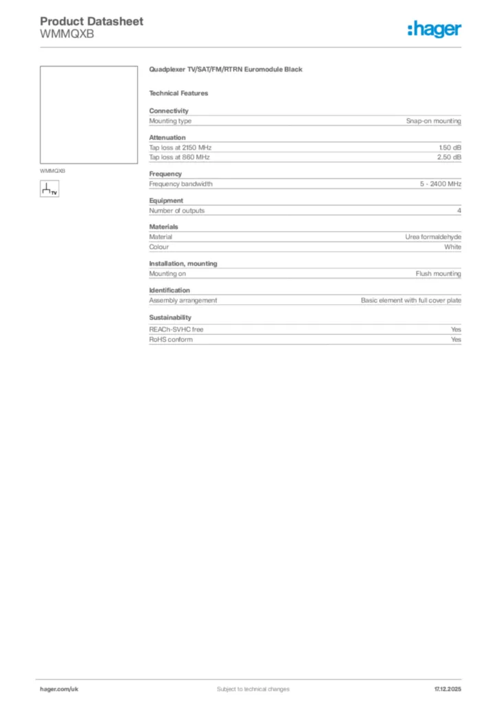 Image Hager Product data sheet WMMQXB  | Hager