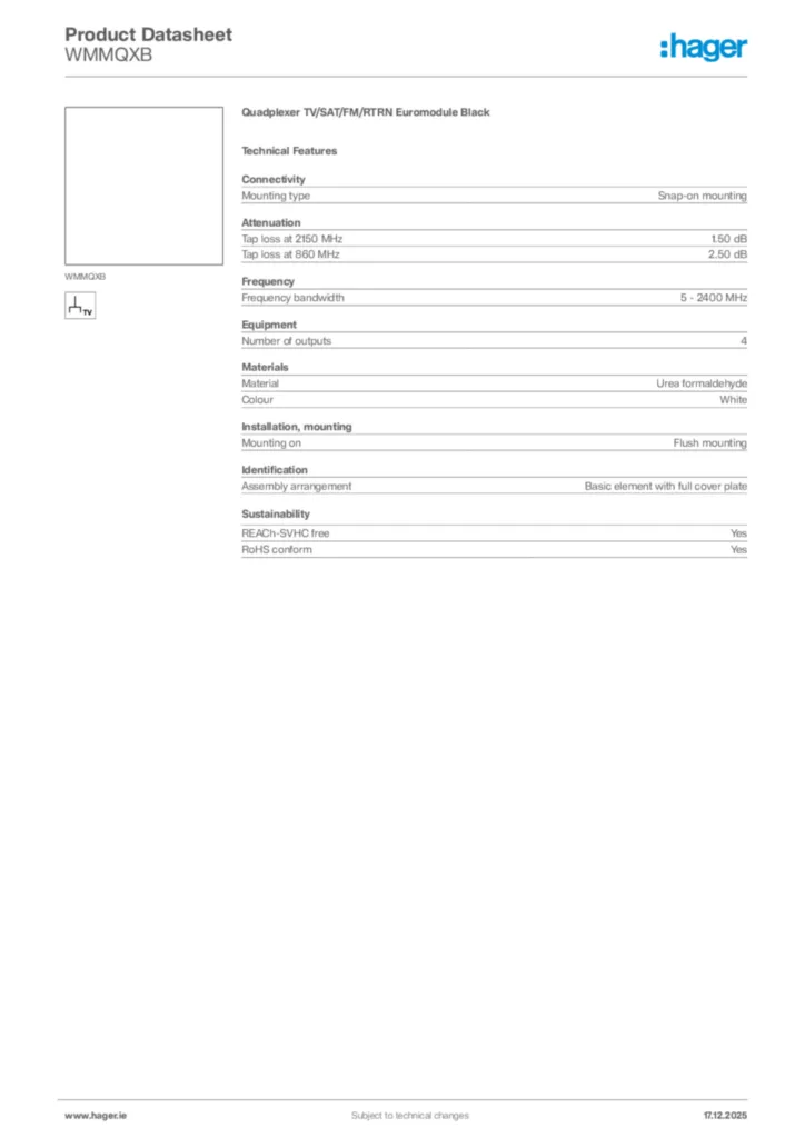 Image Hager Product data sheet WMMQXB  | Hager