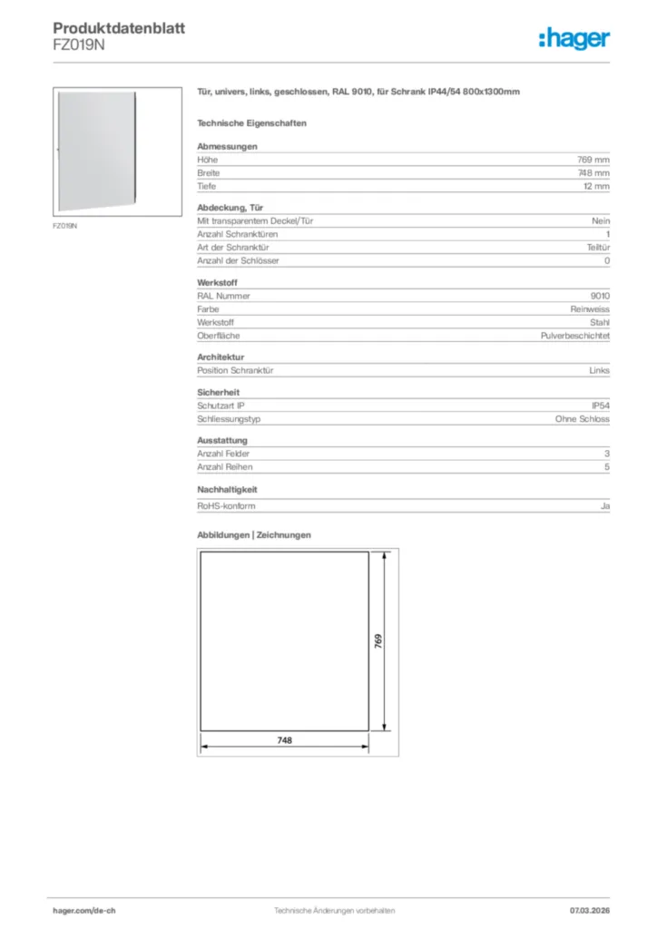 Bild Hager Produktdatenblatt FZ019N | Hager Schweiz