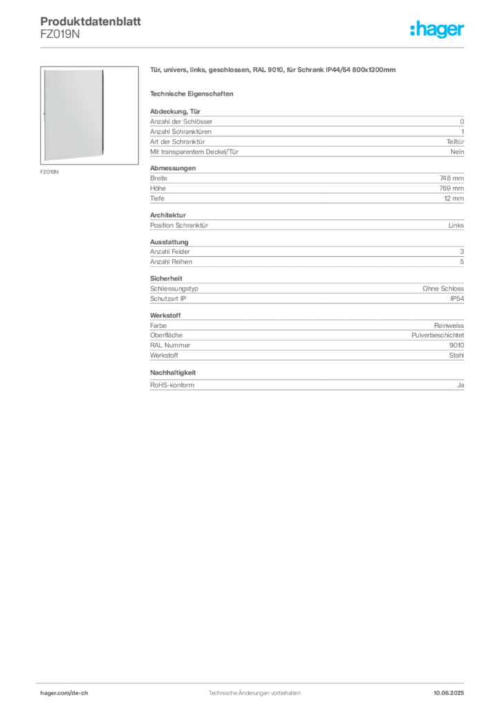 Bild Hager Produktdatenblatt FZ019N | Hager Schweiz