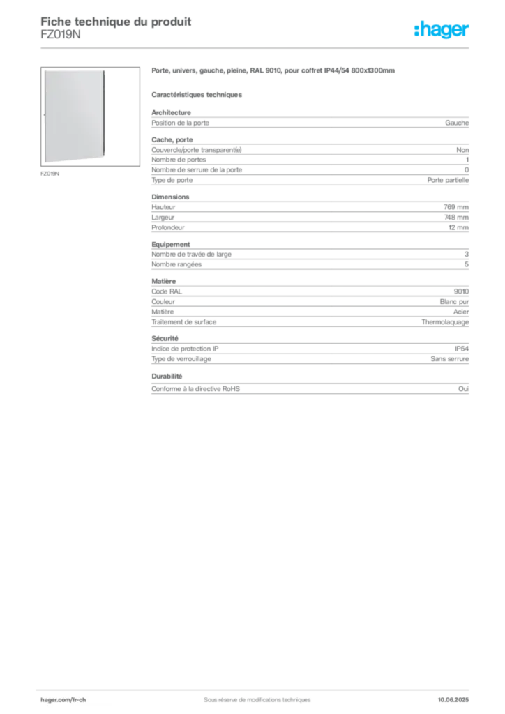 Image Hager Fiche technique du produit FZ019N | Hager Suisse