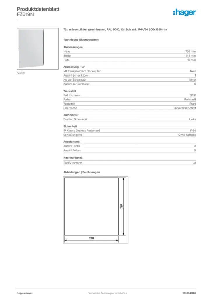 Bild Hager Produktdatenblatt FZ019N | Hager Deutschland