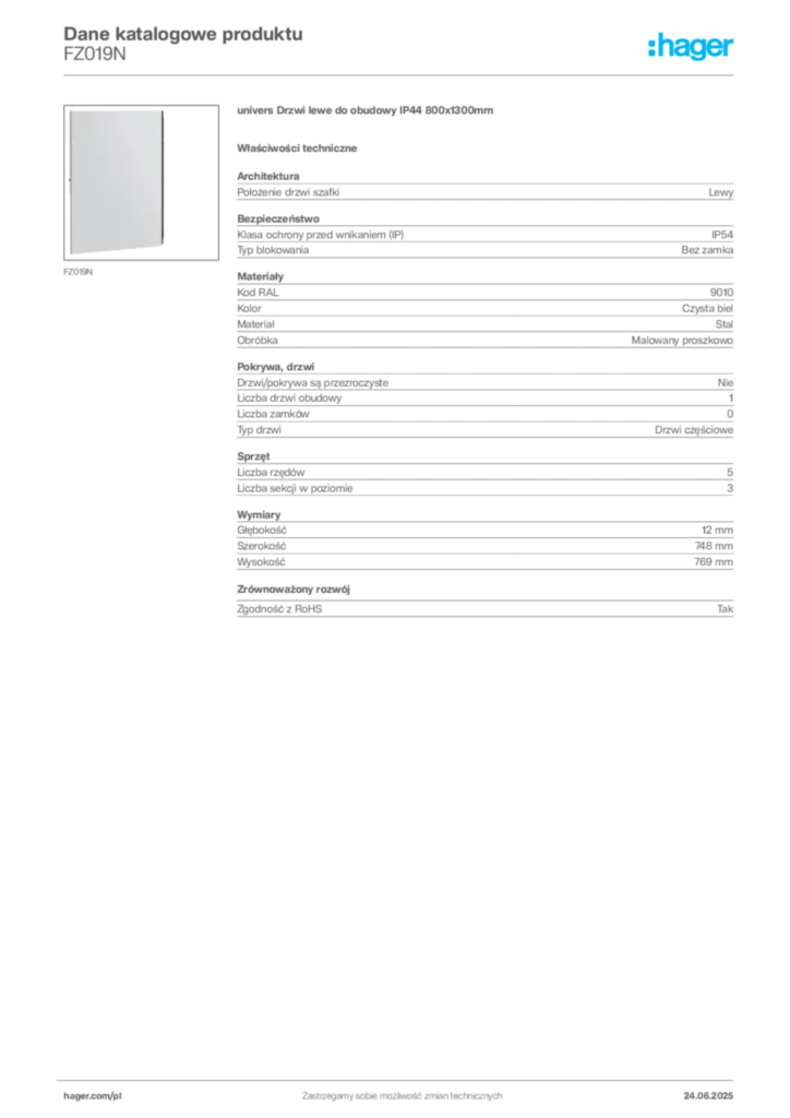 Zdjęcie Hager Karta katalogowa FZ019N | Hager Polska