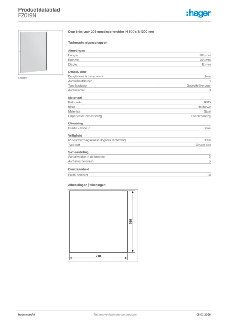 Afbeelding Hager Productdatablad FZ019N | Hager Nederland