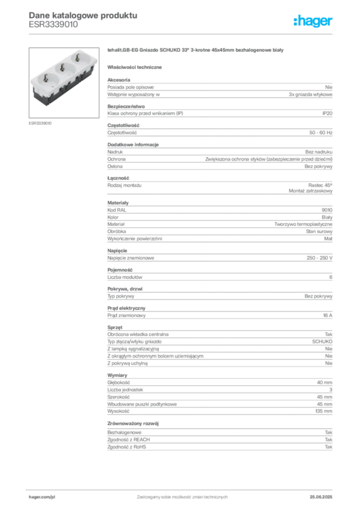 Zdjęcie Hager Karta katalogowa ESR3339010 | Hager Polska