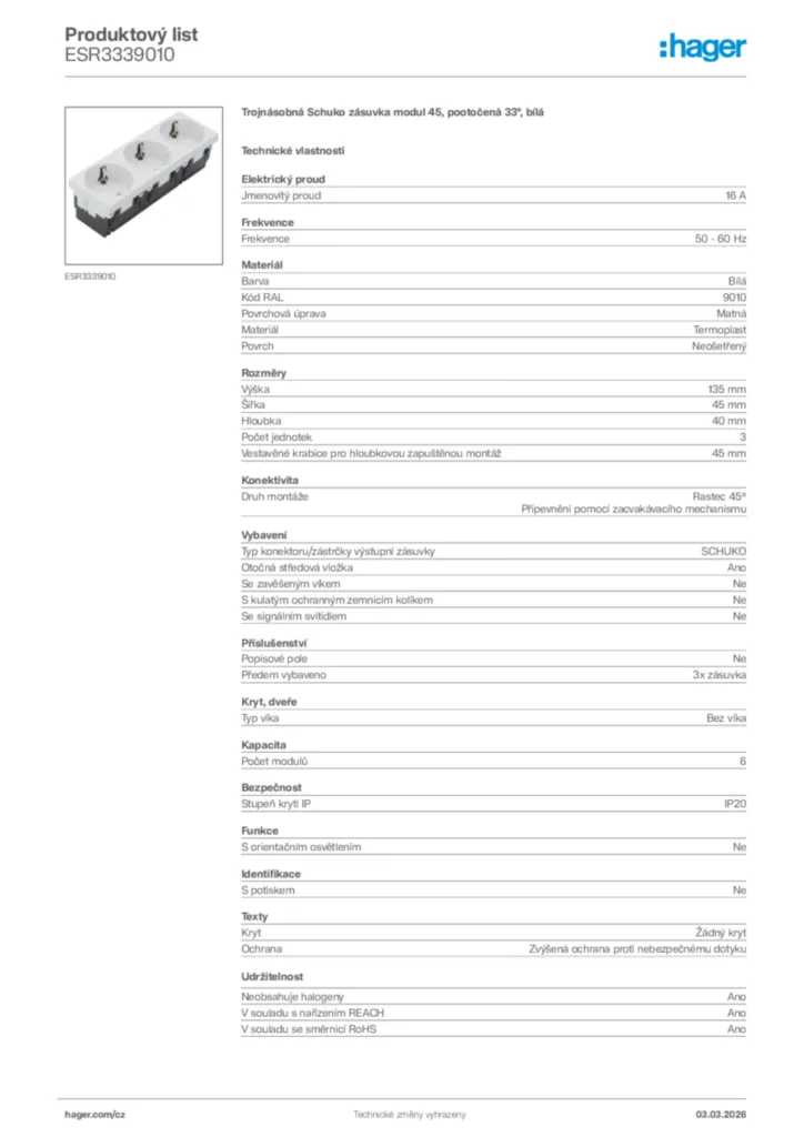 Obrázek Hager Product data sheet ESR3339010 | Hager