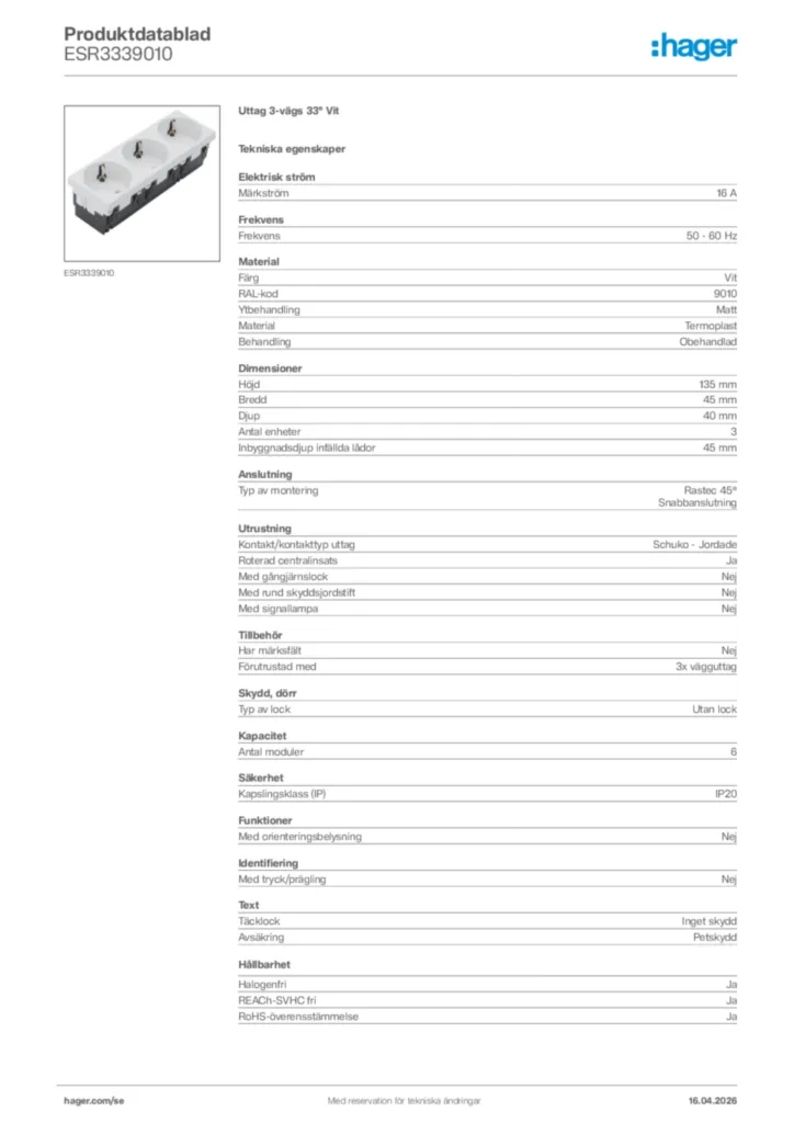 Bild Hager Produktdatablad ESR3339010 | Hager Sverige