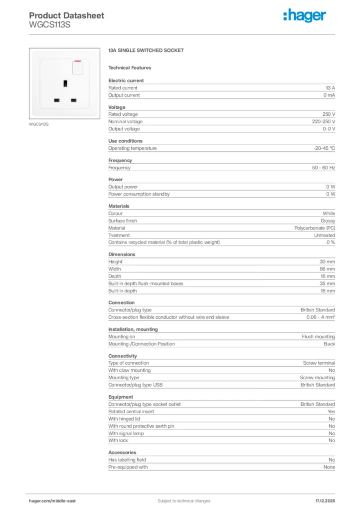 Image Hager Product data sheet WGCS113S  | Hager