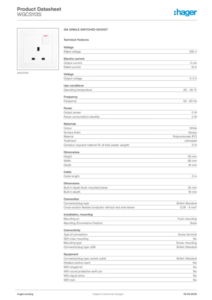 Image Hager Product data sheet WGCS113S  | Hager