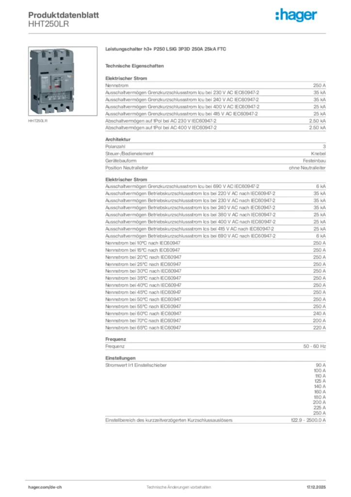 Bild Hager Produktdatenblatt HHT250LR | Hager Schweiz