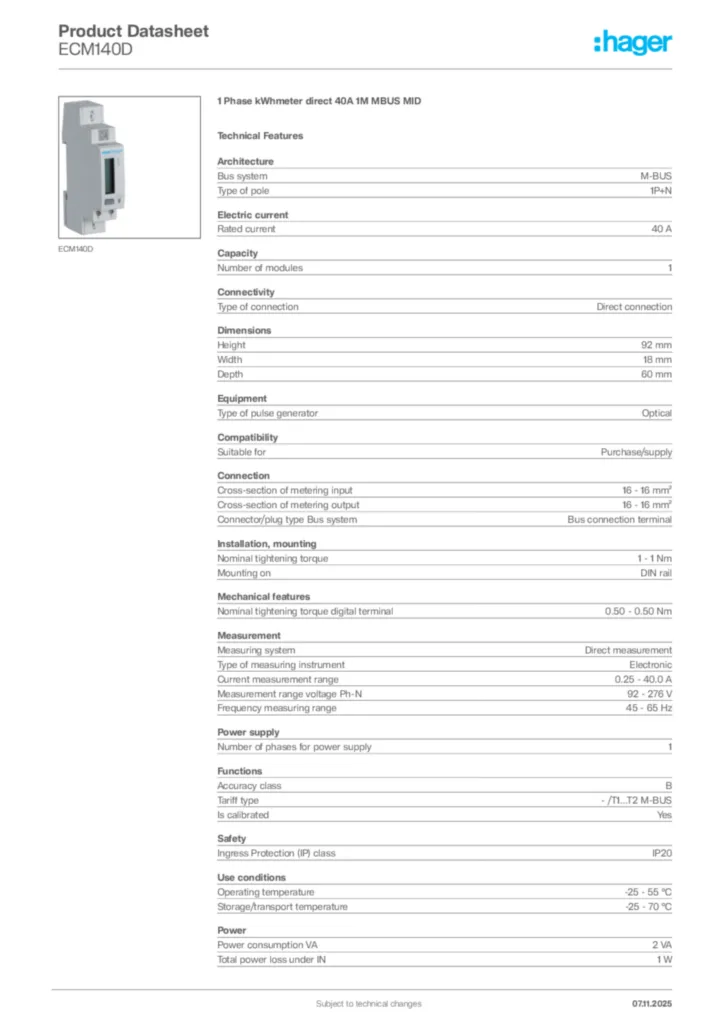 Image Hager Product data sheet ECM140D  | Hager Africa