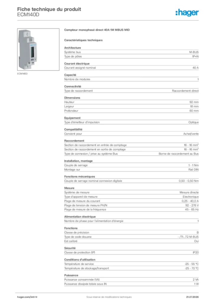 Image Hager Fiche technique du produit ECM140D | Hager Afrique