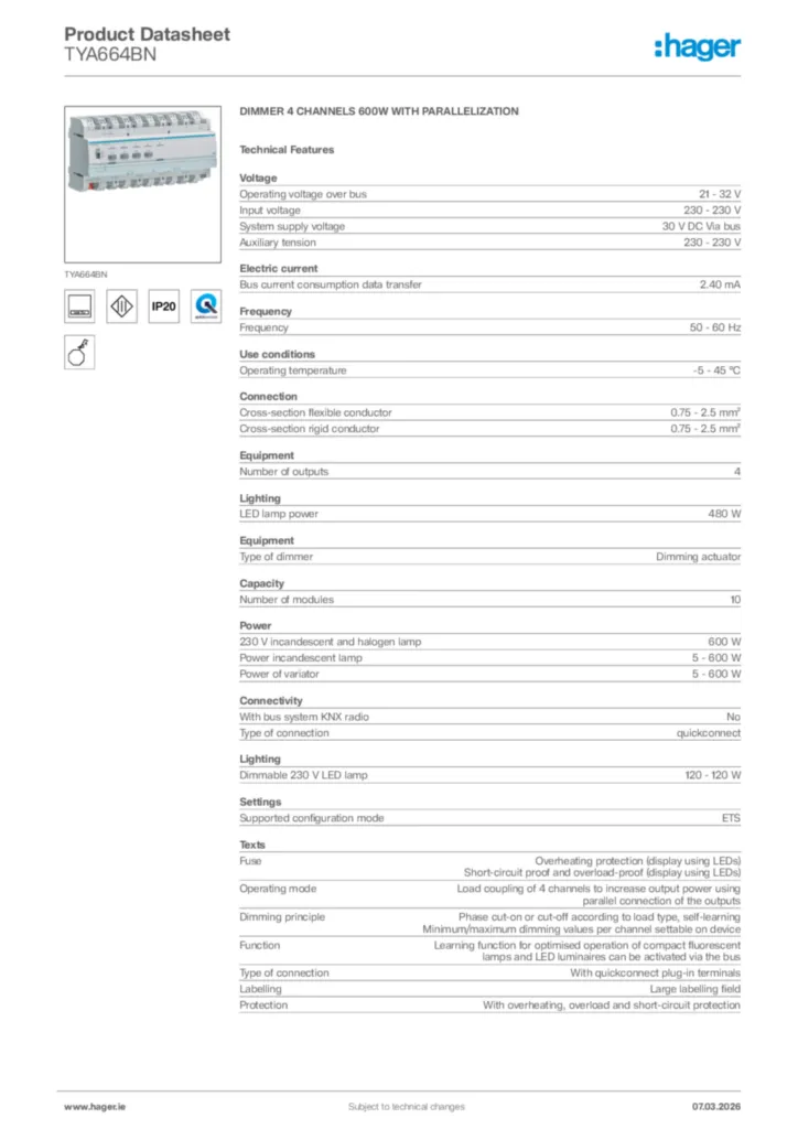 Image Hager Product data sheet TYA664BN  | Hager