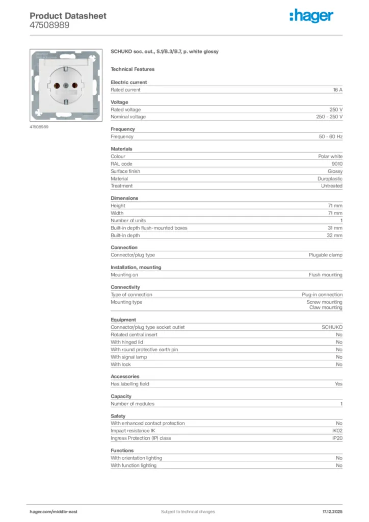 Image Hager Product data sheet 47508989  | Hager
