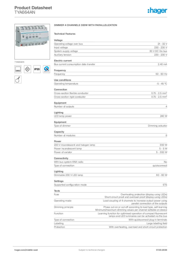 Image Hager Product data sheet TYA664AN  | Hager