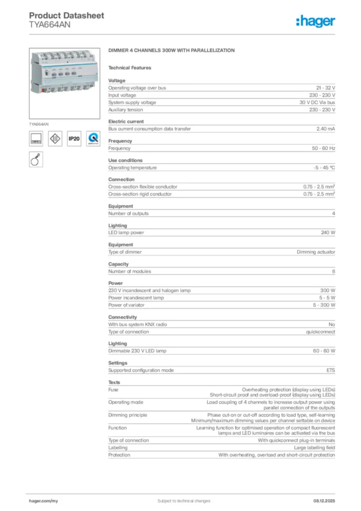 Image Hager Product data sheet TYA664AN  | Hager