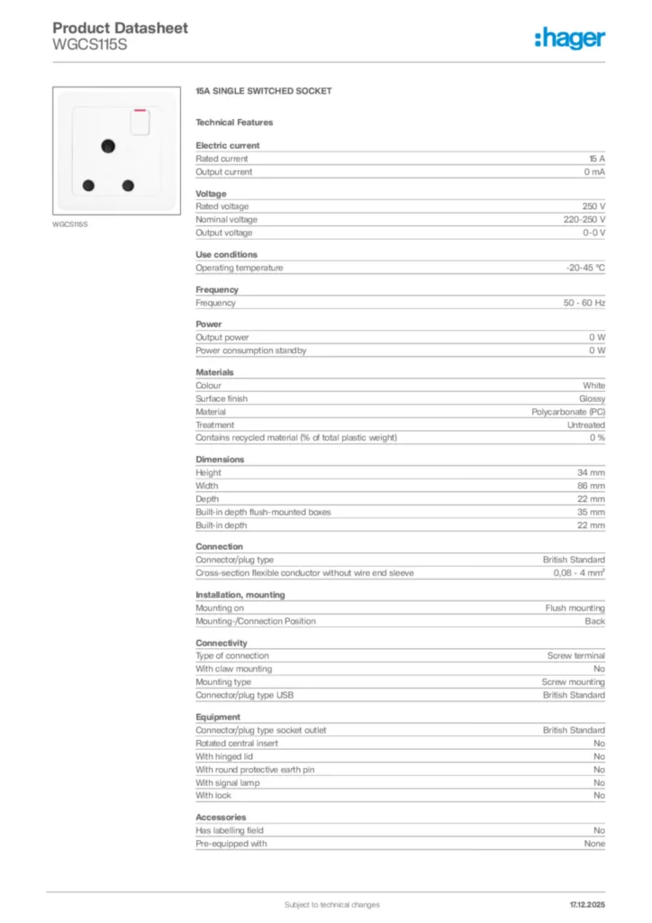 Image Hager Product data sheet WGCS115S  | Hager