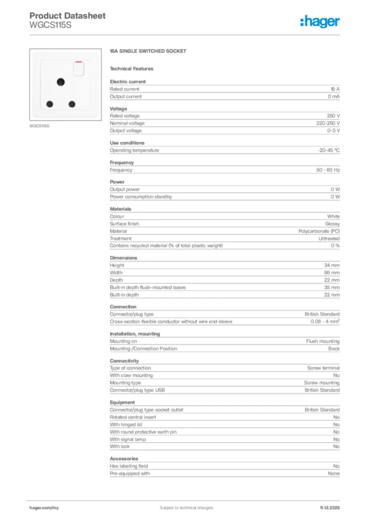 Image Hager Product data sheet WGCS115S  | Hager