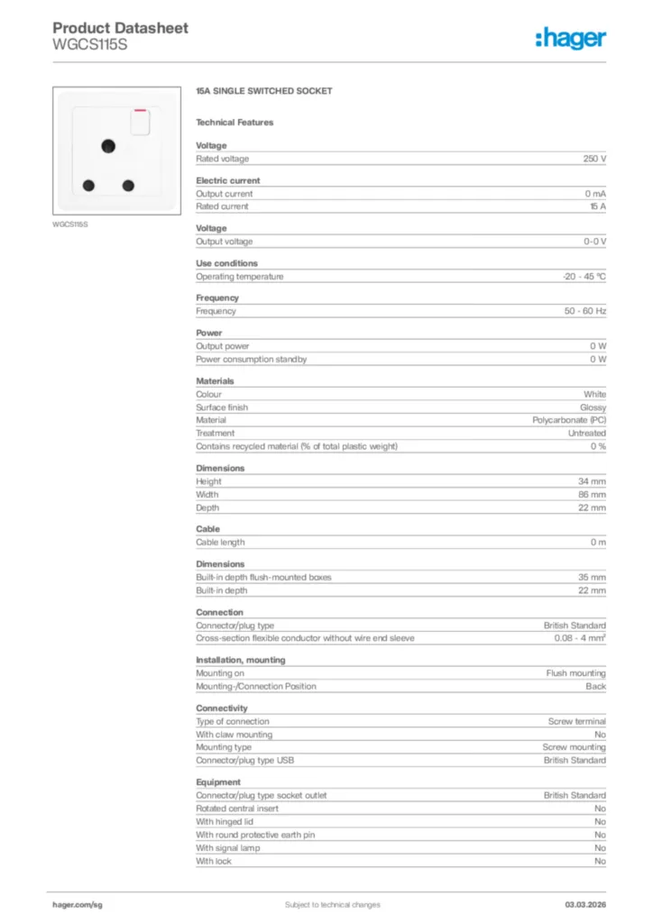 Image Hager Product data sheet WGCS115S  | Hager