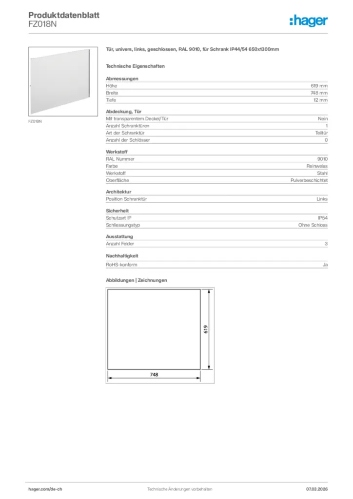 Bild Hager Produktdatenblatt FZ018N | Hager Schweiz