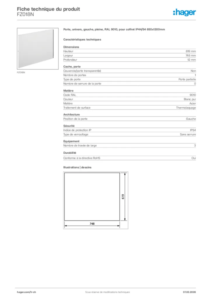 Image Hager Fiche technique du produit FZ018N | Hager Suisse