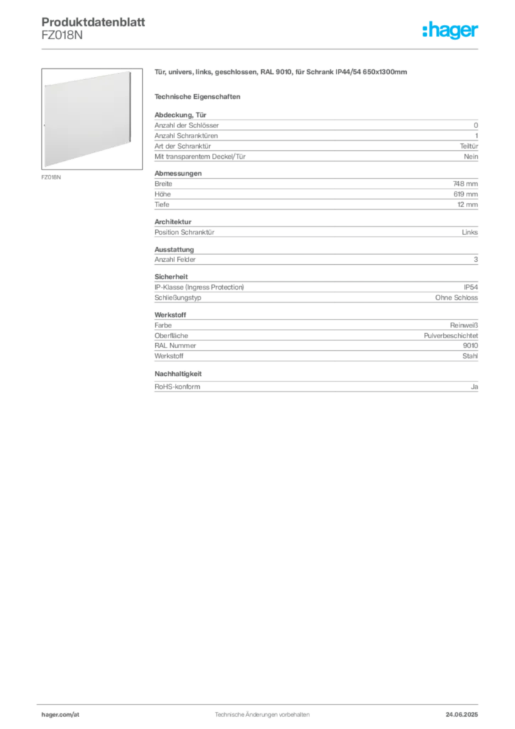 Bild Hager Produktdatenblatt FZ018N | Hager Deutschland