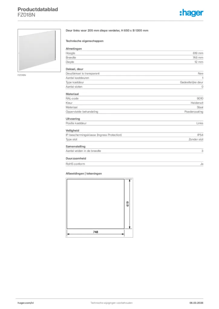 Afbeelding Hager Productdatablad FZ018N | Hager Nederland