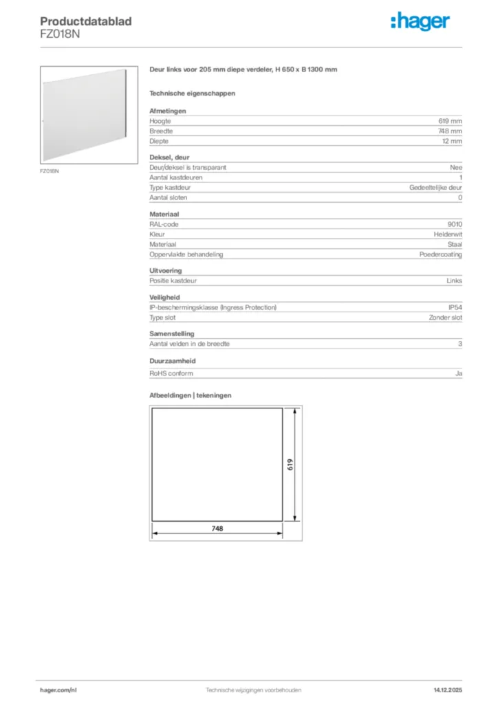 Afbeelding Hager Productdatablad FZ018N | Hager Nederland