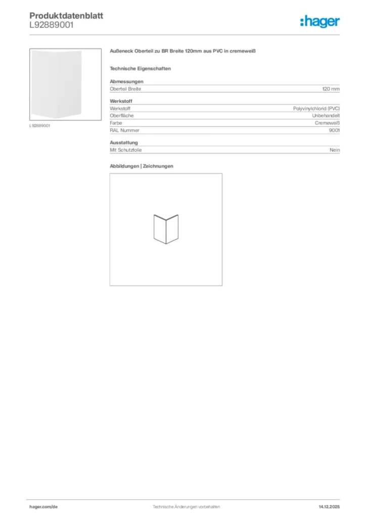 Bild Hager Produktdatenblatt L92889001 | Hager Deutschland