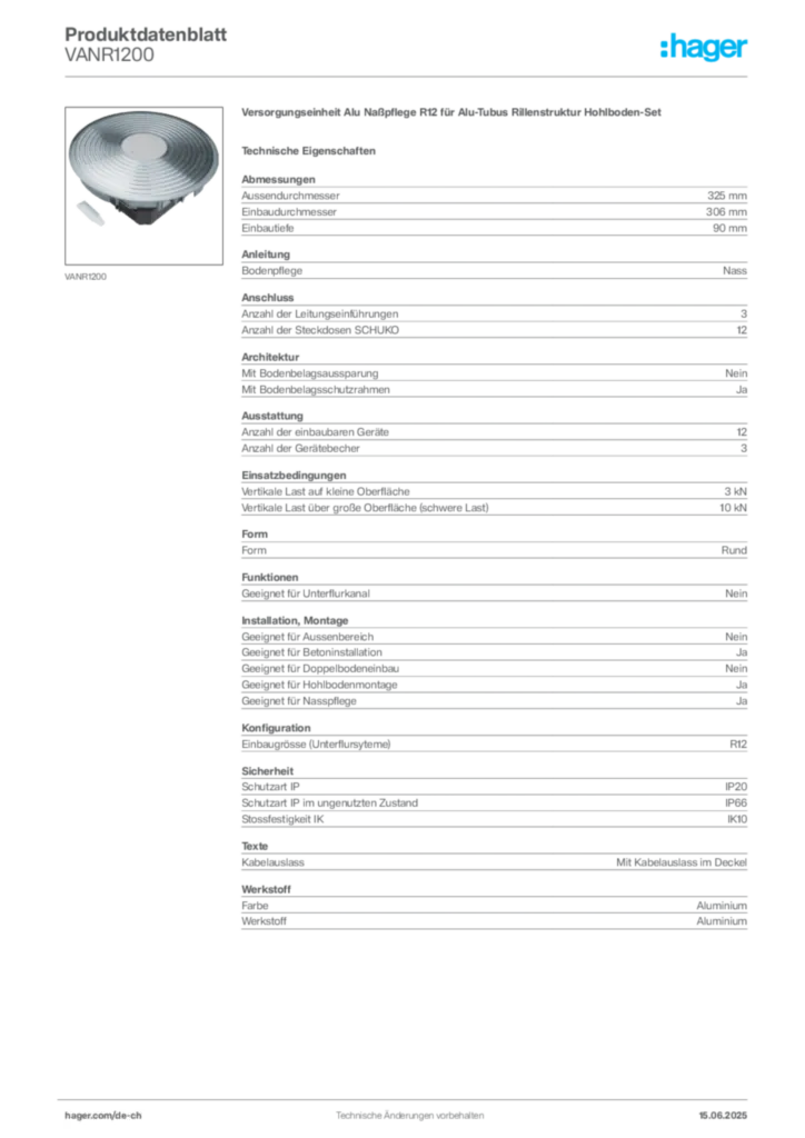 Bild Hager Produktdatenblatt VANR1200 | Hager Schweiz
