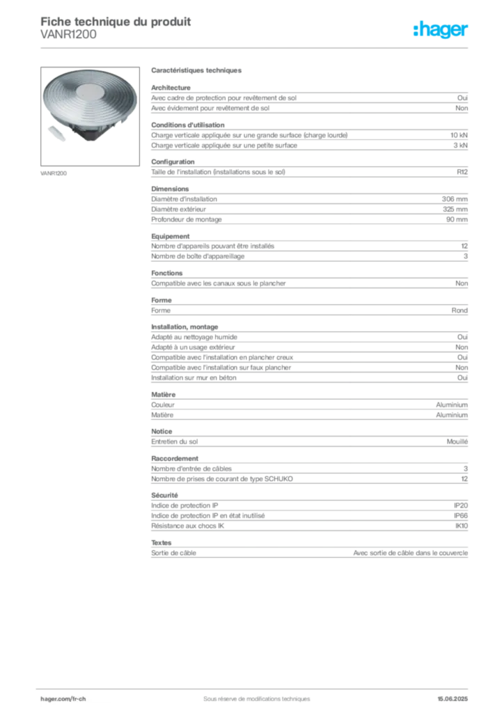 Image Hager Fiche technique du produit VANR1200 | Hager Suisse