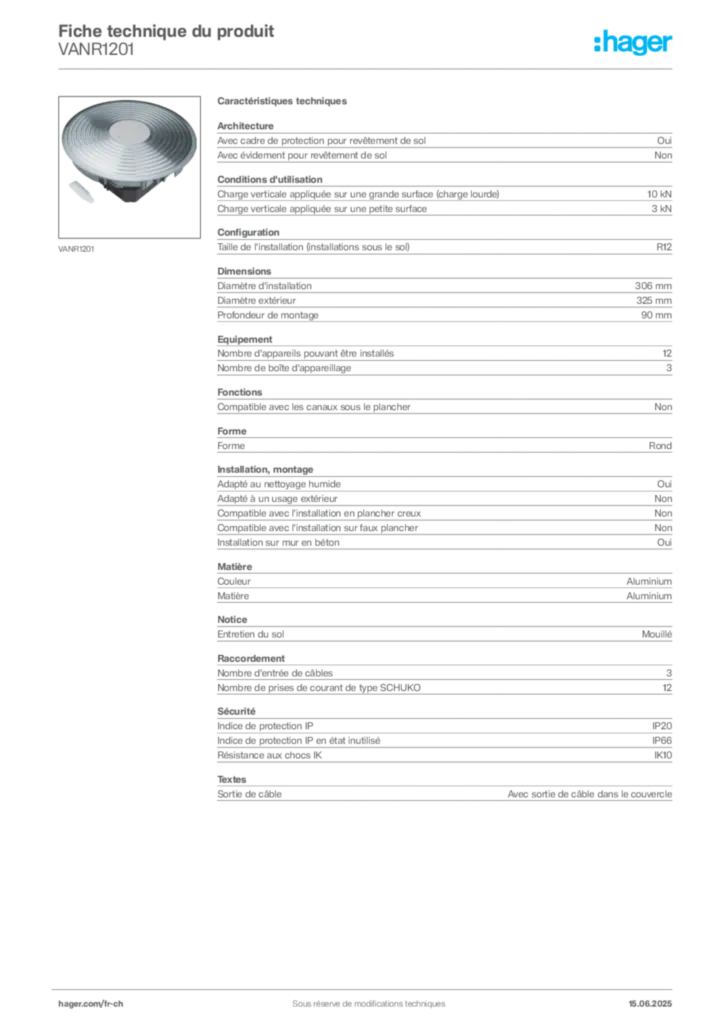 Image Hager Fiche technique du produit VANR1201 | Hager Suisse
